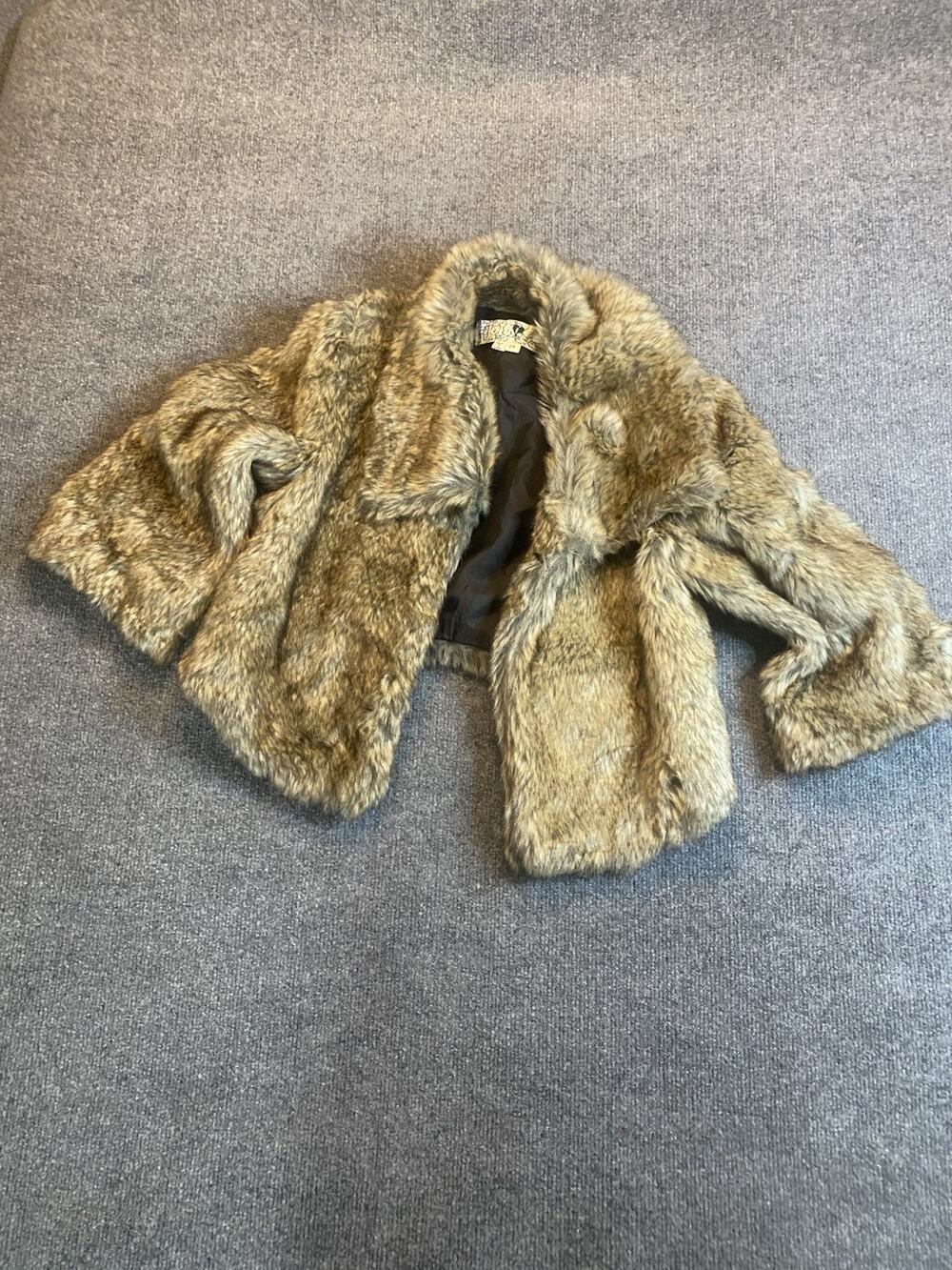 Jolt Collared Faux Fur Animal Print Short Jacket Brown Lined Open Long Sleeve M